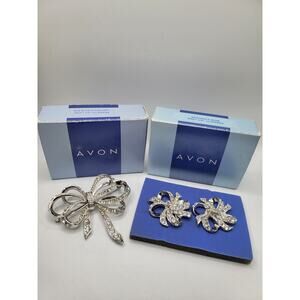Kenneth Jay Lane for Avon Rhinestone Bow Brooch & Clip Earrings Set NOS